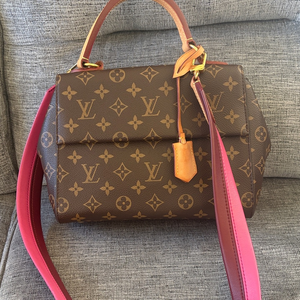 Louis Vuitton Brown Monogram Shoulder Bag with Pink Strap